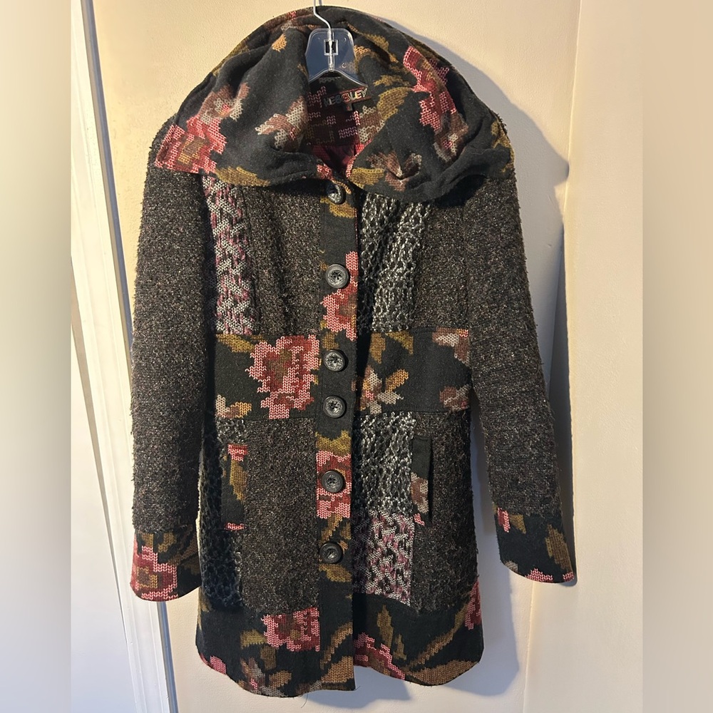 VINTAGE JAPANESE BRAND KESSLEY MIXED PATTERN COAT WITH OVERSIZED COLLAR SIZE M